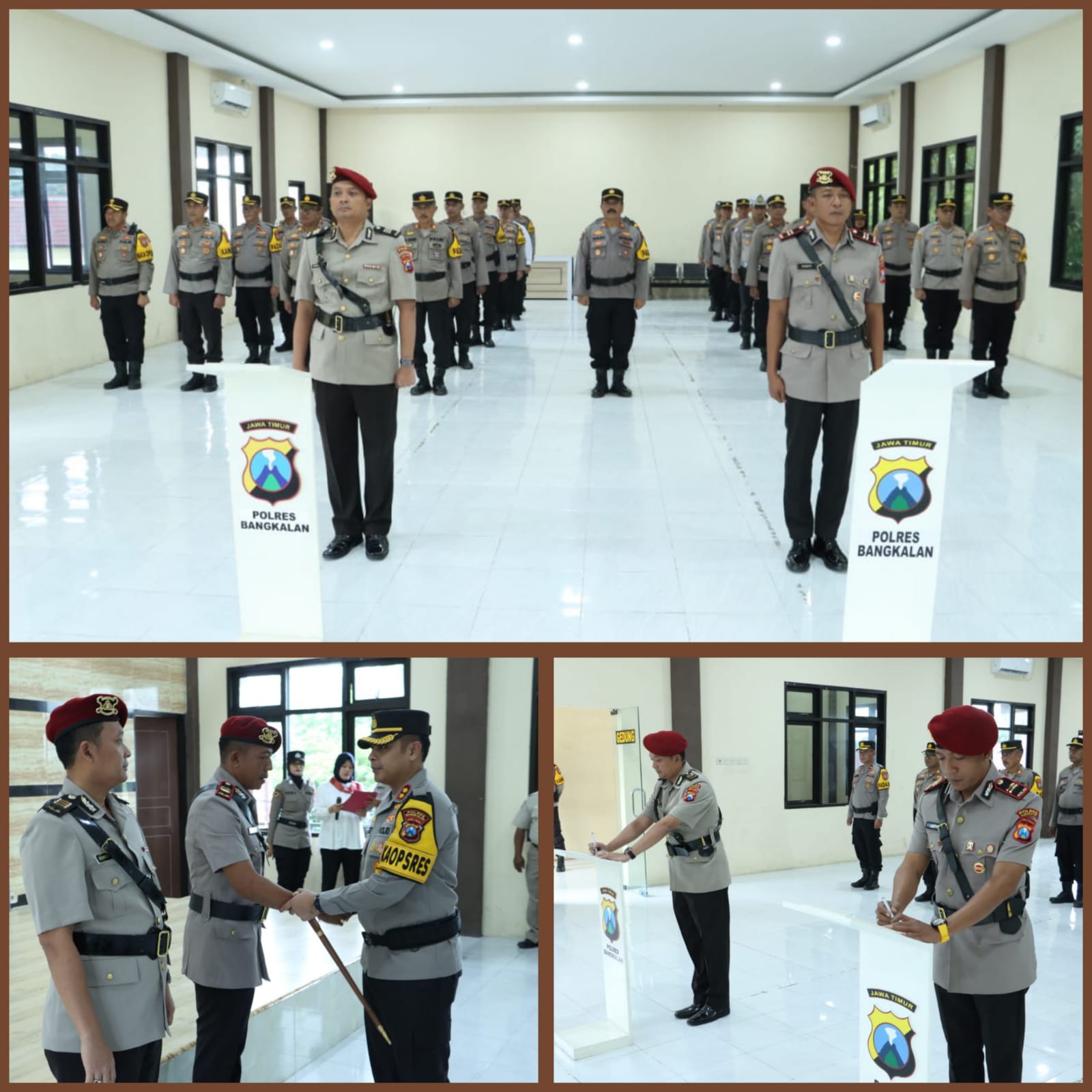 Kapolres Bangkalan  Pimpin Sertijab Kasatresnarkoba AKP Kokoh Hari Kepada IPTU Kiswoyo di Aula Sarja Arya Racana