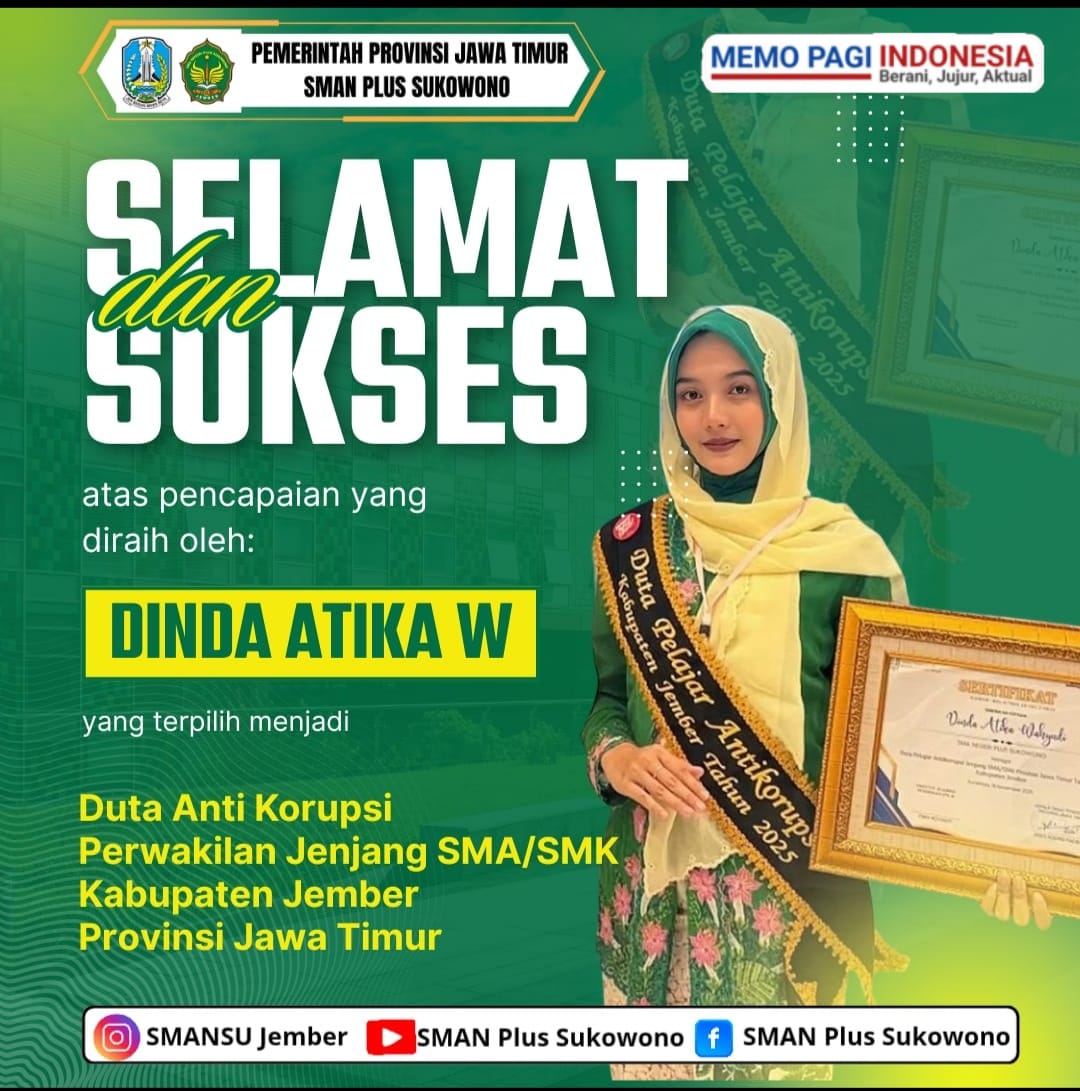 Dinda Atika W Raih Predikat Duta Anti Korupsi 2025, Harumkan Nama SMAN Plus Sukowono dan Kabupaten Jember