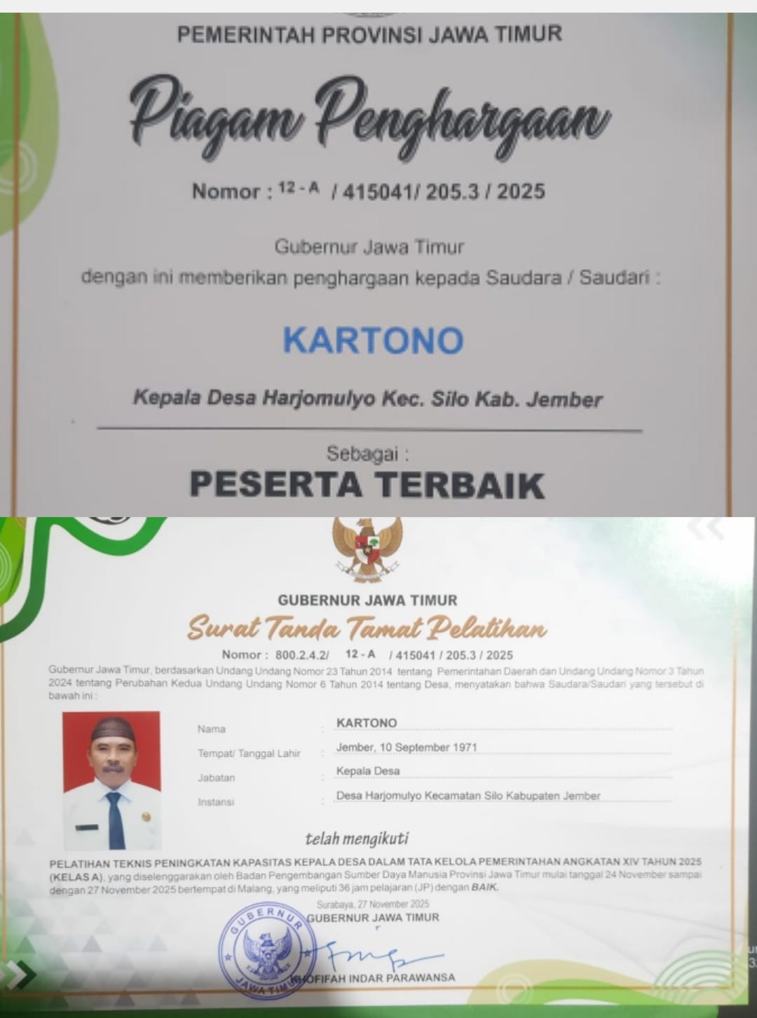 Kepala Desa Harjomulyo Raih Predikat Peserta Terbaik Tingkat Provinsi Jawa Timur